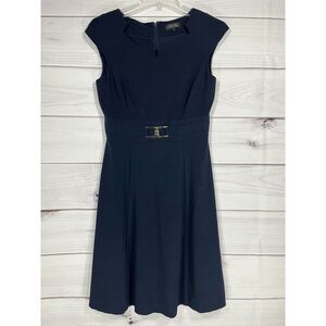 Tahari Artur S. Levine Sheeth Dress Womens 4 Navy Split Neck Sleeveless Belted